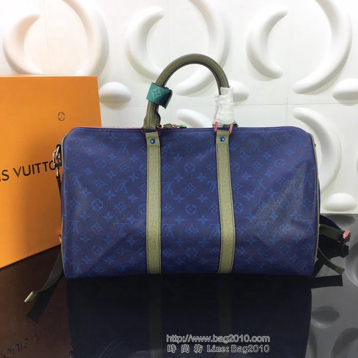 路易威登LV 頂級原單 2018春夏時裝展新品 M43855 KEEPALL45B旅行袋 海藍色Monogram帆布搭配Taiga皮革 可手提肩背包  YDH2362